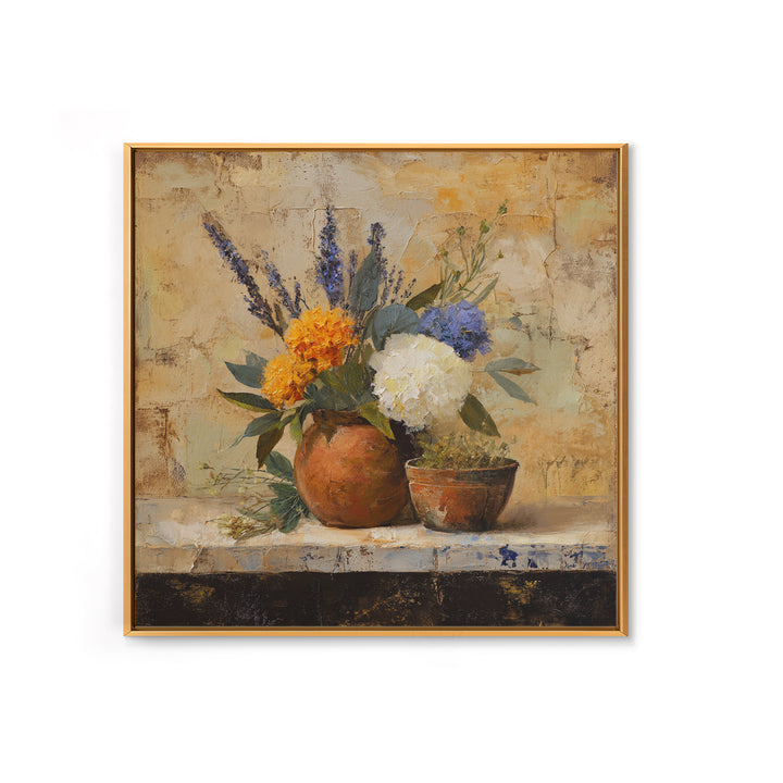 Antique Copper Pot and Flowers Still Life Framed Canvas Print, French Country Art, Wall Art, Farmhouse Decor, Oil Painting, FCA-1x1-48