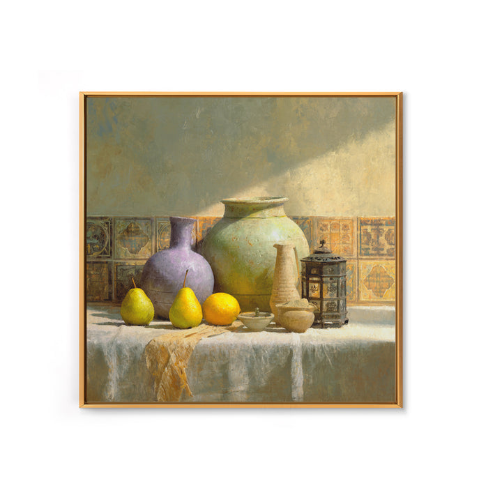 Pear Still Life on Linen Tablecloth Framed Canvas Print, French Country Art, Digital Art Prints, Farmhouse Decor, Abstract Art, FCA-1x1-52