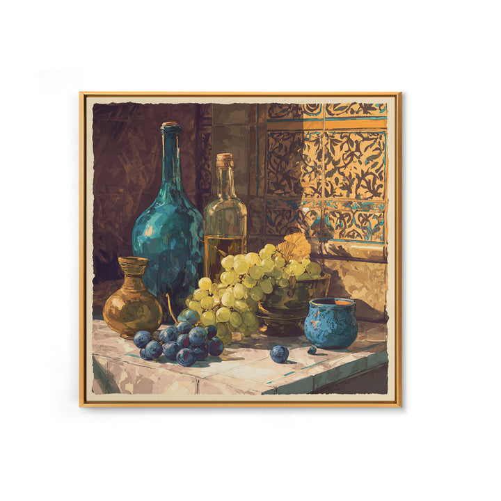 Grapes and Wine Still Life Framed Canvas Print, French Country Art, French Country Decor, Farmhouse Decor, Abstract Art, FCA-1x1-57