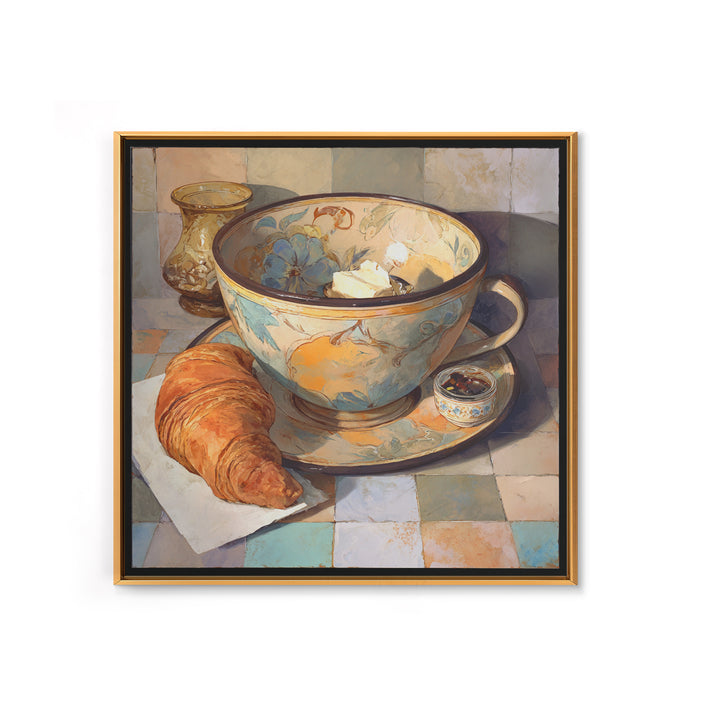 Caf Au Lait Bowl Framed Canvas Print, French Country Art, Digital Art Prints, Farmhouse Decor, Watercolor Art, Country, FCA-1x1-58