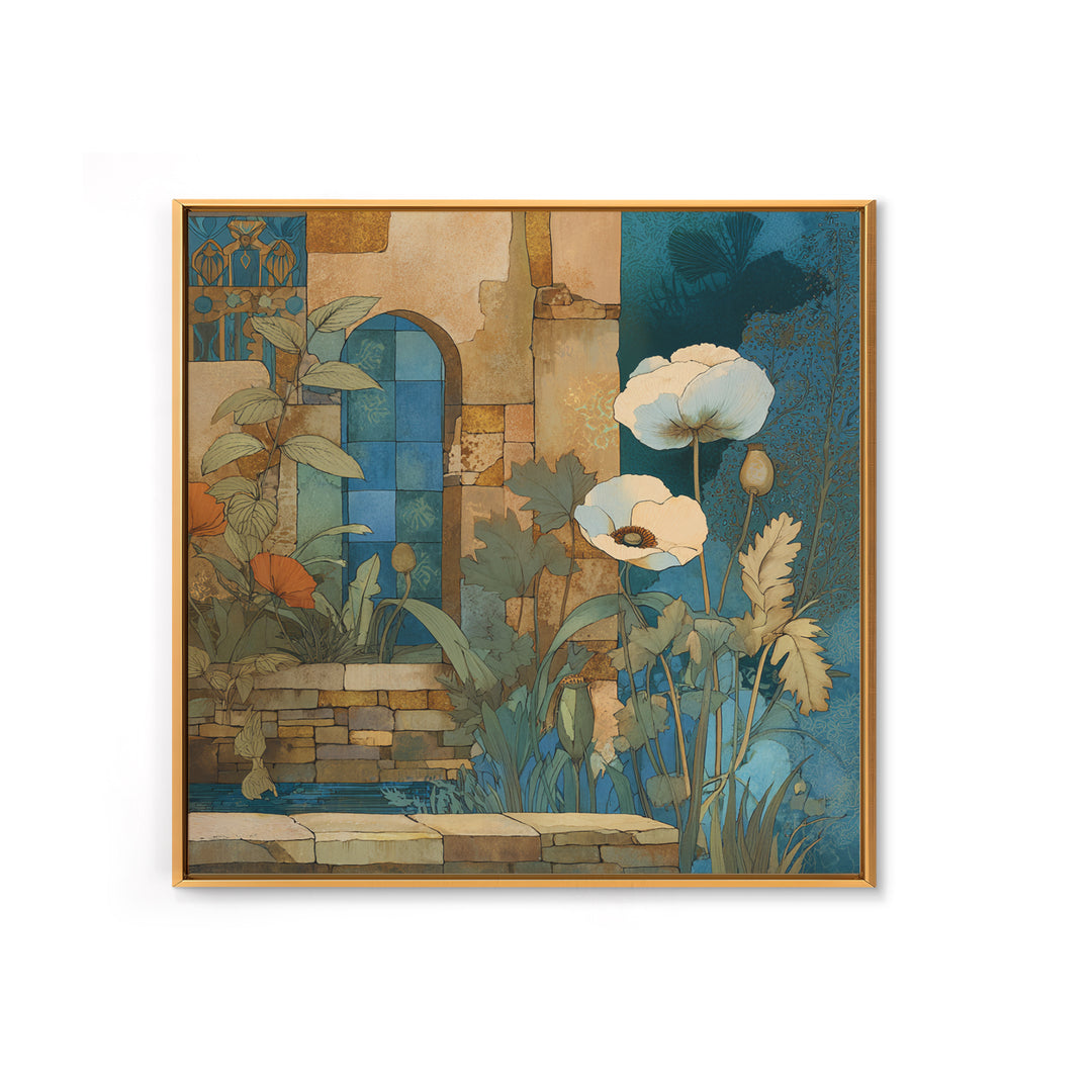 Poppies Beside a Stone Garden Wall Framed Canvas Print, French Country Art, Landscape Wall Art, Farmhouse Decor, Oil Painting, FCA-1x1-63