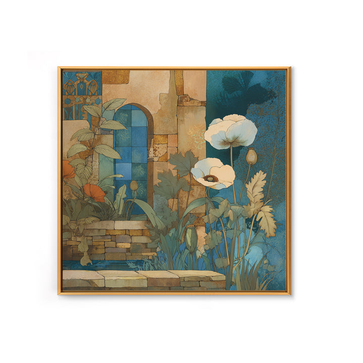 Poppies Beside a Stone Garden Wall Framed Canvas Print, French Country Art, Landscape Wall Art, Farmhouse Decor, Oil Painting, FCA-1x1-63