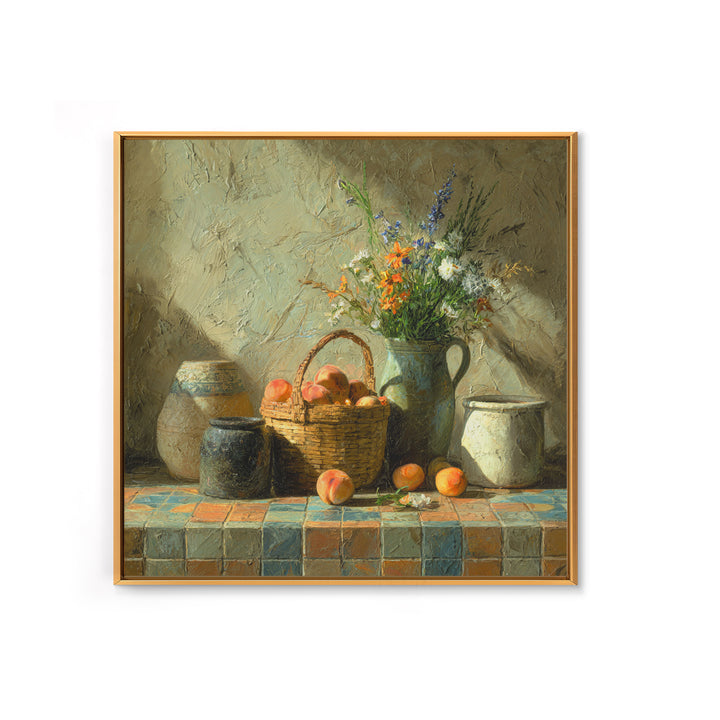 Basket of Fresh Peaches and Wildflowers Canvas Print, French Country Art, Eclectic Wall Art, Farmhouse Decor, Country, FCA-1x1-68