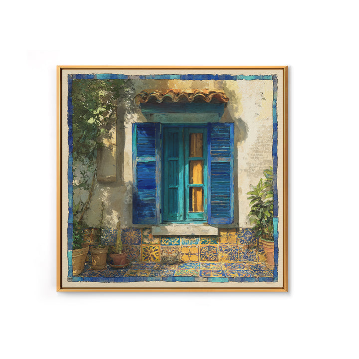 Weathered Window with Blue Shutters Canvas Print, French Country Art, Botanical Wall Art, Farmhouse Decor, Watercolor Art, FCA-1x1-69