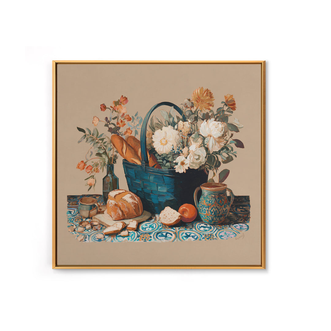 French Market Basket Framed Canvas Print, French Country Art, Digital Wall Art, Farmhouse Decor, Oil Painting, Country, FCA-1x1-7