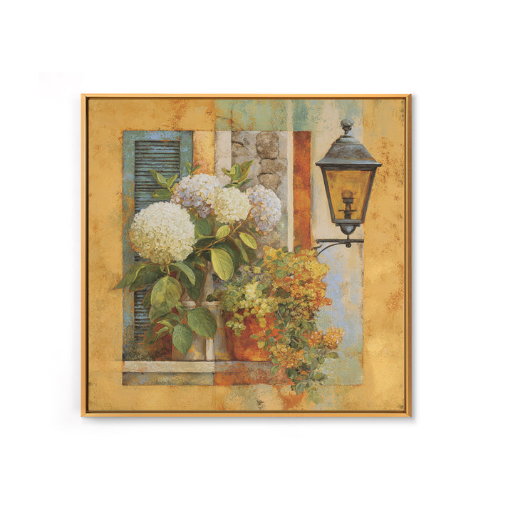 Soft Hydrangeas Beside Antique Shutters Framed Canvas Print, French Country Art, Home Decor, Farmhouse Decor, Fine Art, Country, FCA-1x1-80