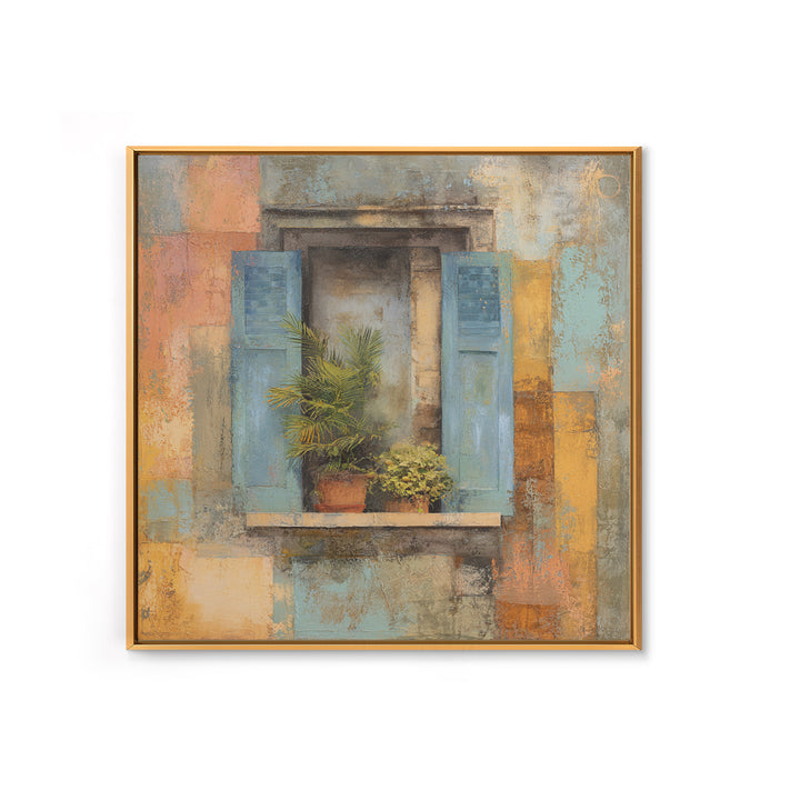 Weathered Window with Blue Shutters Framed Canvas Print, French Country Art, Landscape Wall Art, Farmhouse Decor, Oil Painting, FCA-1x1-93