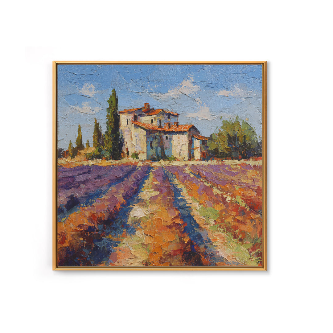 Lavender Field with Distant Stone Farmhouse Canvas Print, French Country Art, Farmhouse Decor, Oil Painting, Country, FCA-1x1-97