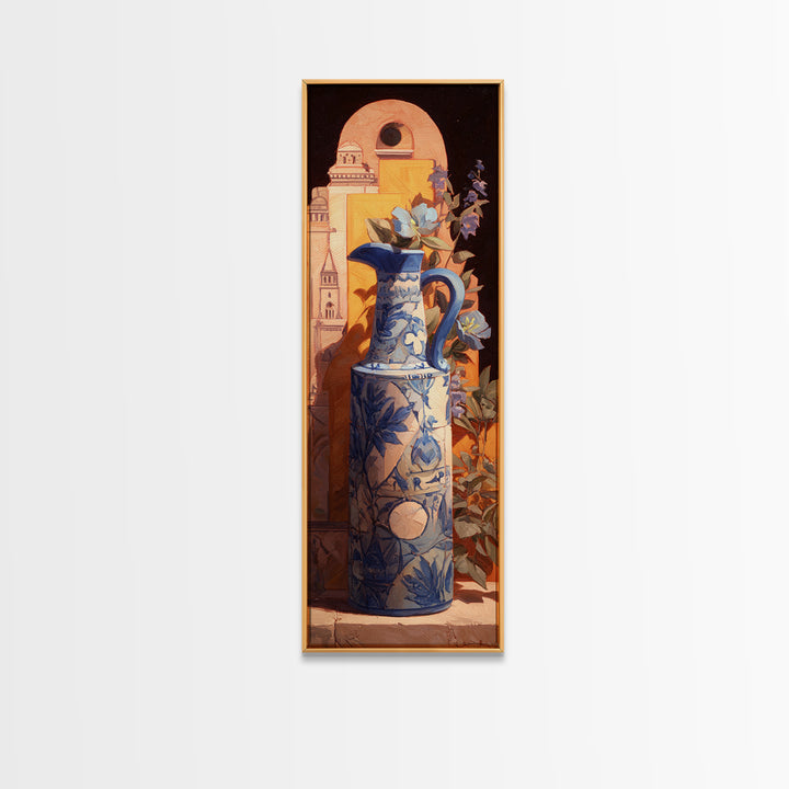 Blue and White Ceramic Pitcher Framed Canvas Print, French Country Art, Landscape Wall Art, Farmhouse Decor, Fine Art, Country, FCA-1x3-15