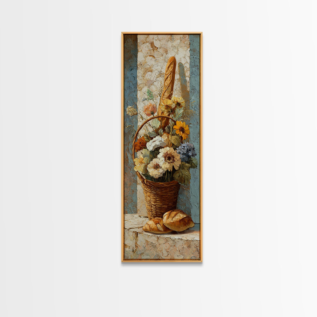 French Market Basket Framed Canvas Print, French Country Art, Downloadable Art, Farmhouse Decor, Oil Painting, Country, FCA-1x3-19