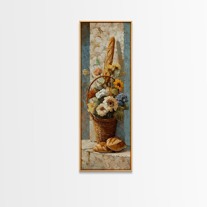 French Market Basket Framed Canvas Print, French Country Art, Downloadable Art, Farmhouse Decor, Oil Painting, Country, FCA-1x3-19