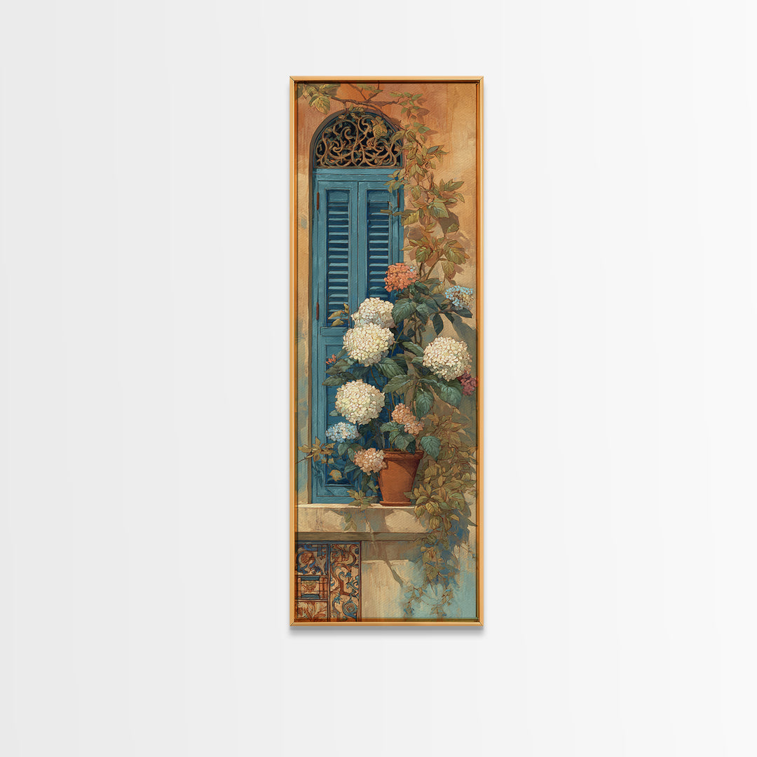 Soft Hydrangeas Beside Antique Shutters Framed Canvas Print, French Country Art, Eclectic Wall Art, Farmhouse Decor, Country, FCA-1x3-20