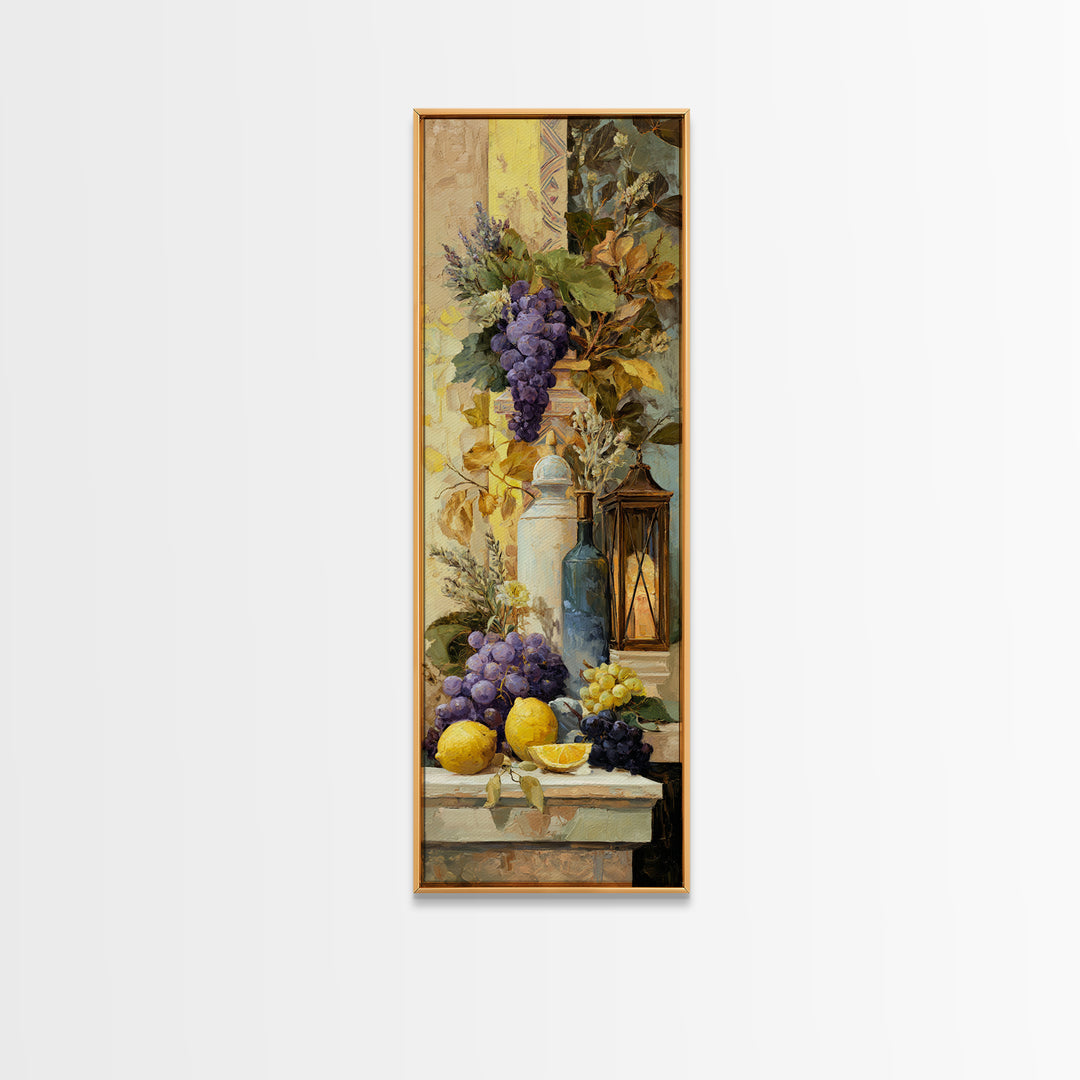 Grapes and Wine Still Life Canvas Print, French Country Art, Coastal Wall Art, Farmhouse Decor, Watercolor Art, Country, FCA-1x3-21