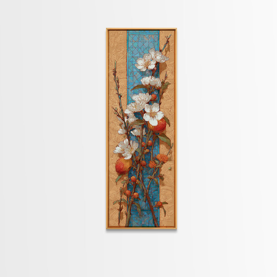Basket of Fresh Peaches and Wildflowers Canvas Print, French Country Art, Farmhouse Wall Art, Farmhouse Decor, Watercolor Art, FCA-1x3-32