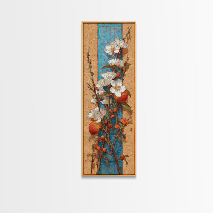 Basket of Fresh Peaches and Wildflowers Canvas Print, French Country Art, Farmhouse Wall Art, Farmhouse Decor, Watercolor Art, FCA-1x3-32