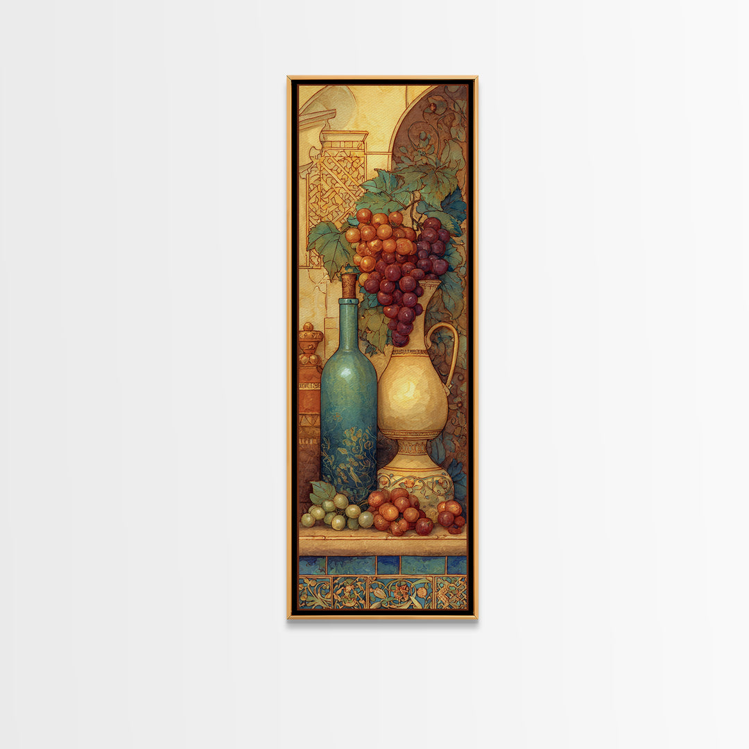 Grapes and Wine Still Life Framed Canvas Print, French Country Art, French Country Decor, Farmhouse Decor, Oil Painting, FCA-1x3-45