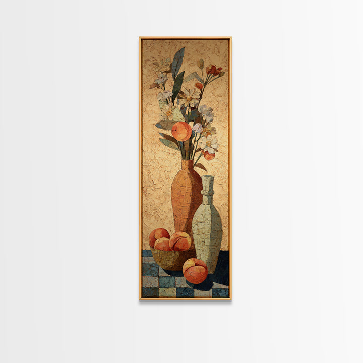 Basket of Fresh Peaches and Wildflowers Canvas Print, French Country Art, Statement Artwork, Farmhouse Decor, Fine Art, Country, FCA-1x3-56