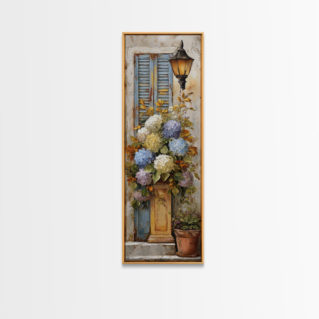 Soft Hydrangeas Beside Antique Shutters Canvas Print, French Country Art, Luxury Decor, Farmhouse Decor, Fine Art, Country, FCA-1x3-68