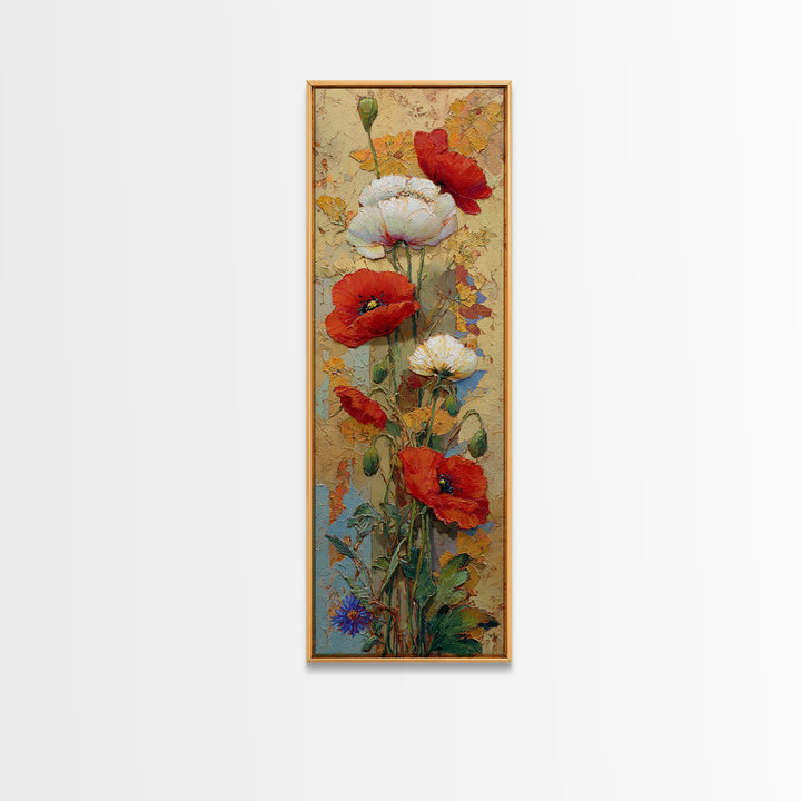 Poppies Beside a Stone Garden Wall Framed Canvas Print, French Country Art, Wall Art, Farmhouse Decor, Oil Painting, Country, FCA-1x3-75