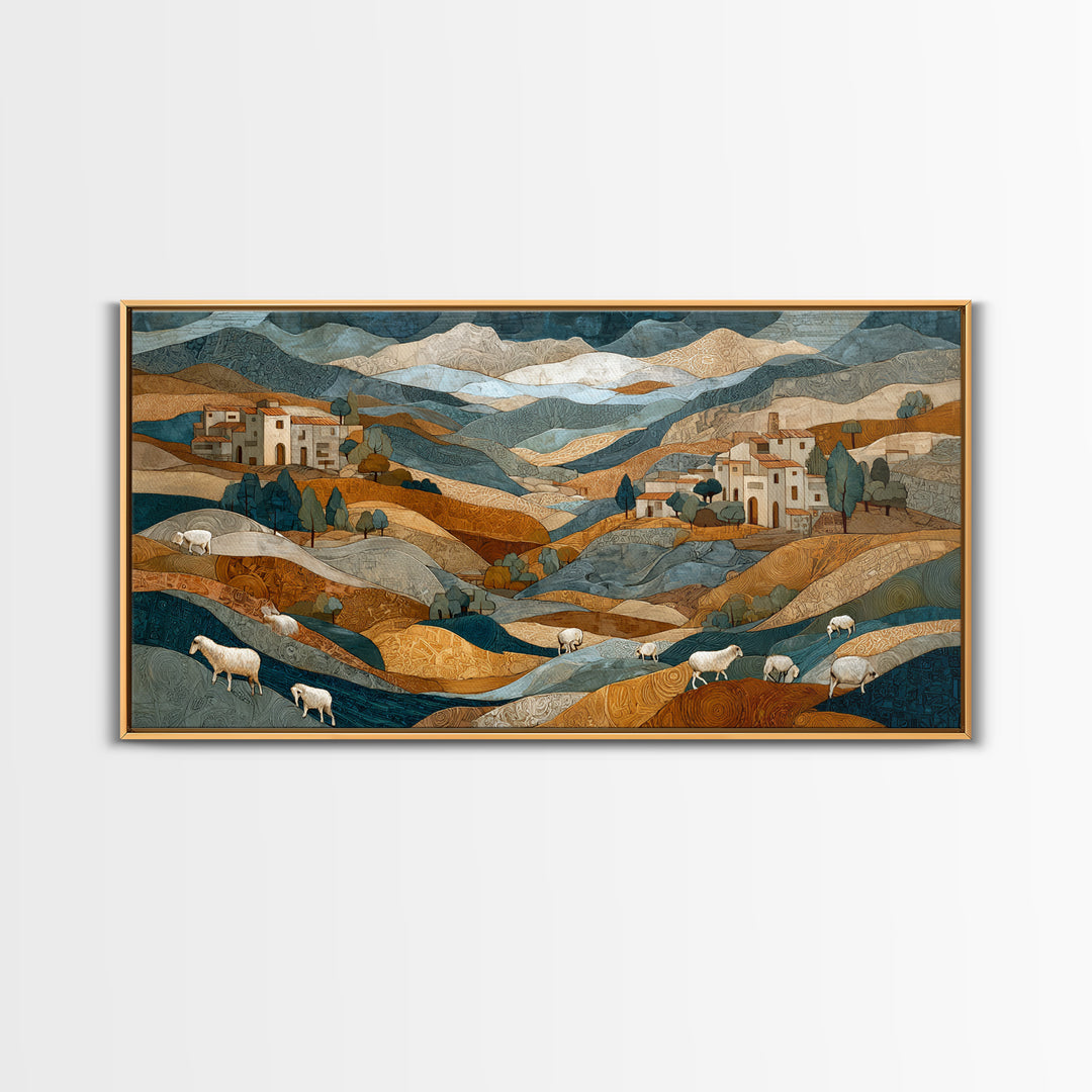 Pastoral Sheep in Rolling Countryside Framed Canvas Print, French Country Art, Home Decor, Farmhouse Decor, Fine Art, Country, FCA-2x1-10