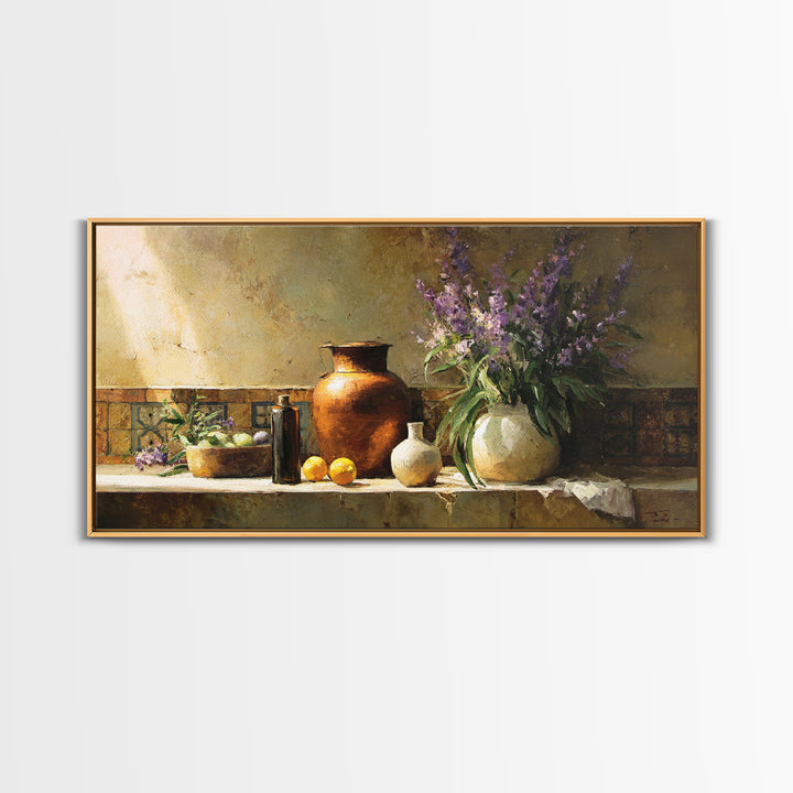 Antique Copper Pot and Flowers Still Life Framed Canvas Print, French Country Art, Modern Decor, Farmhouse Decor, Country, FCA-2x1-20
