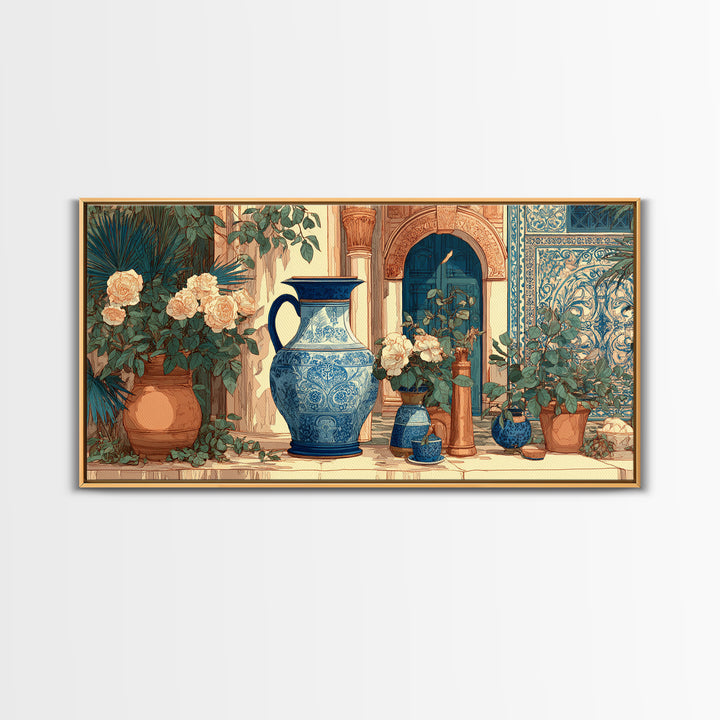 Blue and White Ceramic Pitcher Framed Canvas Print, French Country Art, Wall Art, Farmhouse Decor, Watercolor Art, Country, FCA-2x1-23