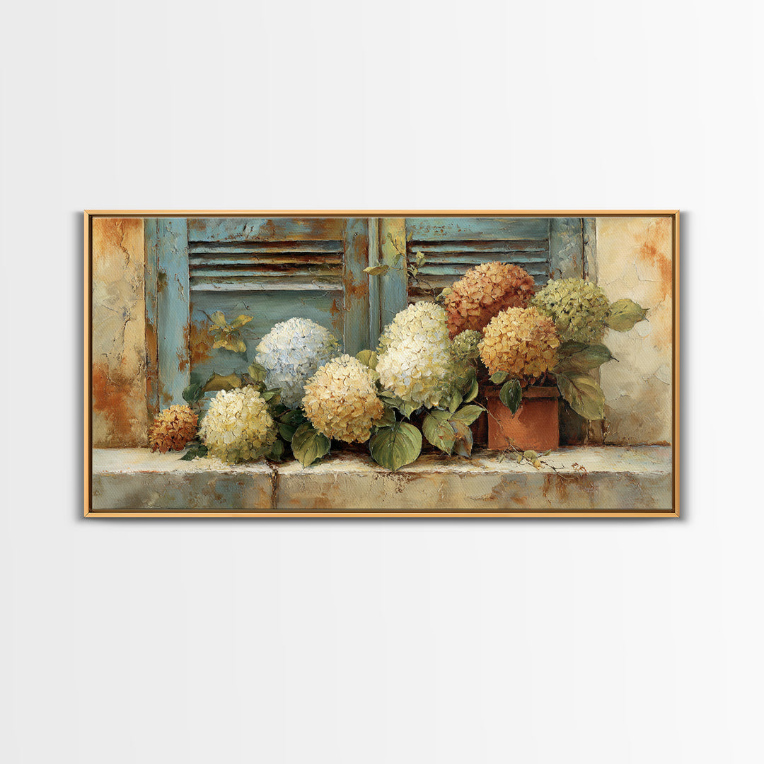 Soft Hydrangeas Beside Antique Shutters Framed Canvas Print, French Country Art, Textured Painting, Farmhouse Decor, Country, FCA-2x1-28