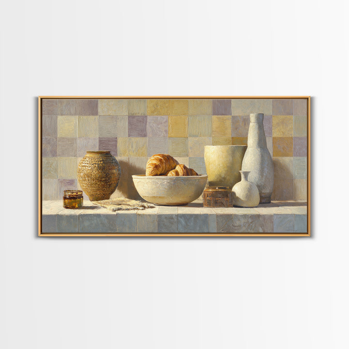Caf Au Lait Bowl Framed Canvas Print, French Country Art, Above Bed Art, Farmhouse Decor, Fine Art, Country, Textured Painting, FCA-2x1-30