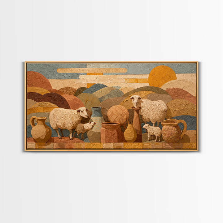 Pastoral Sheep in Rolling Countryside Framed Canvas Print, French Country Art, Home Decor, Farmhouse Decor, Fine Art, Country, FCA-2x1-34