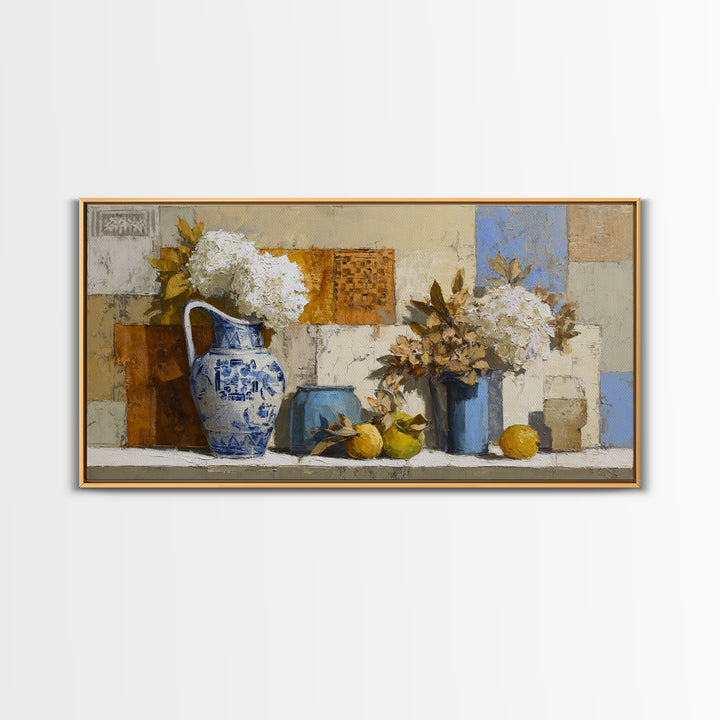 Blue and White Ceramic Pitcher Canvas Print, French Country Art, Oil Painting, Farmhouse Decor, Watercolor Art, Country, FCA-2x1-47