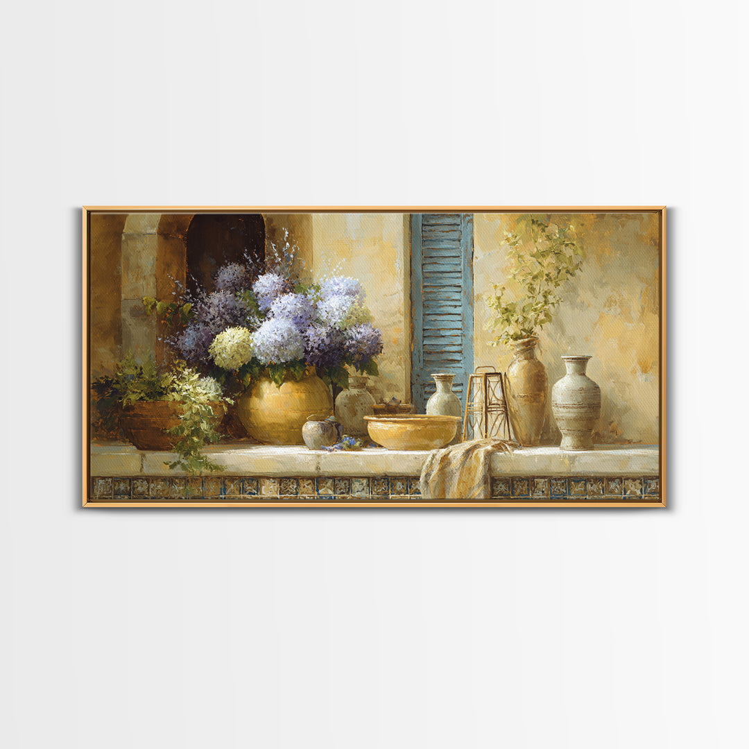 Soft Hydrangeas Beside Antique Shutters Canvas Print, French Country Art, Digital Prints, Farmhouse Decor, Fine Art, Country, FCA-2x1-52