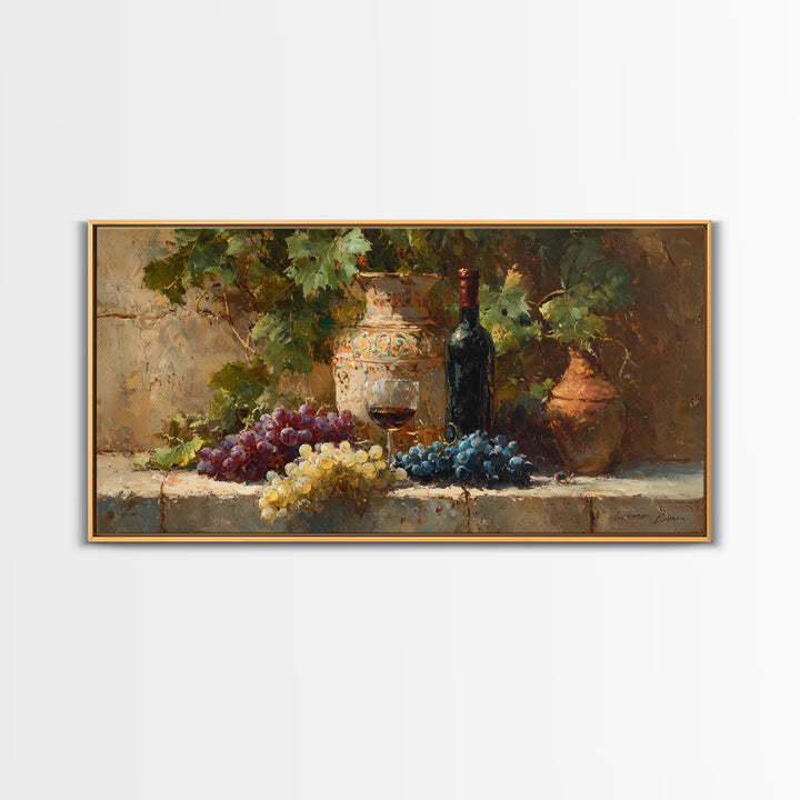 Grapes and Wine Still Life Canvas Print, French Country Art, Farmhouse Decor, Oil Painting, Country, Digital Wall Art, FCA-2x1-53