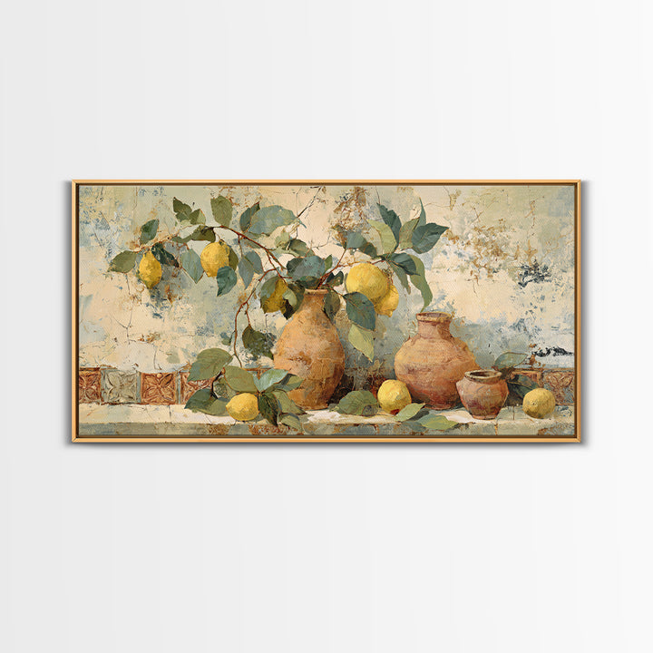 Aged Botanical Plate of Lemons and Leaves Framed Canvas Print, French Country Art, Digital Art, Farmhouse Decor, Country, FCA-2x1-56