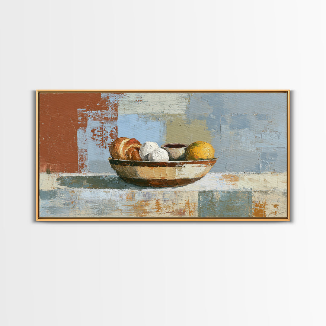 Caf Au Lait Bowl Framed Canvas Print, French Country Art, Above Bed Art, Farmhouse Decor, Fine Art, Country, Textured Painting, FCA-2x1-6