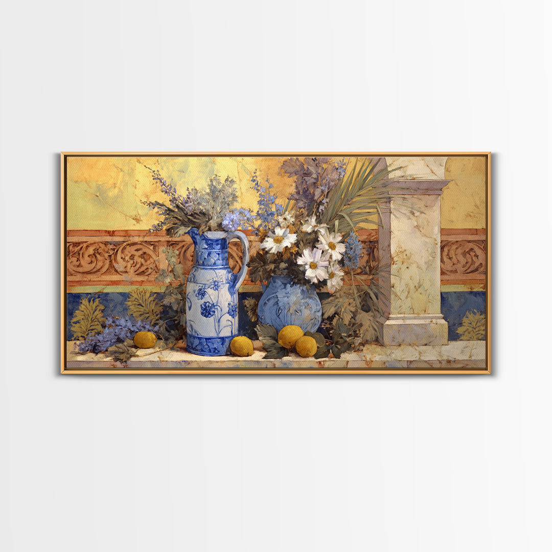 Blue and White Ceramic Pitcher Canvas Print, French Country Art, Coastal Wall Art, Farmhouse Decor, Fine Art, Country, FCA-2x1-71