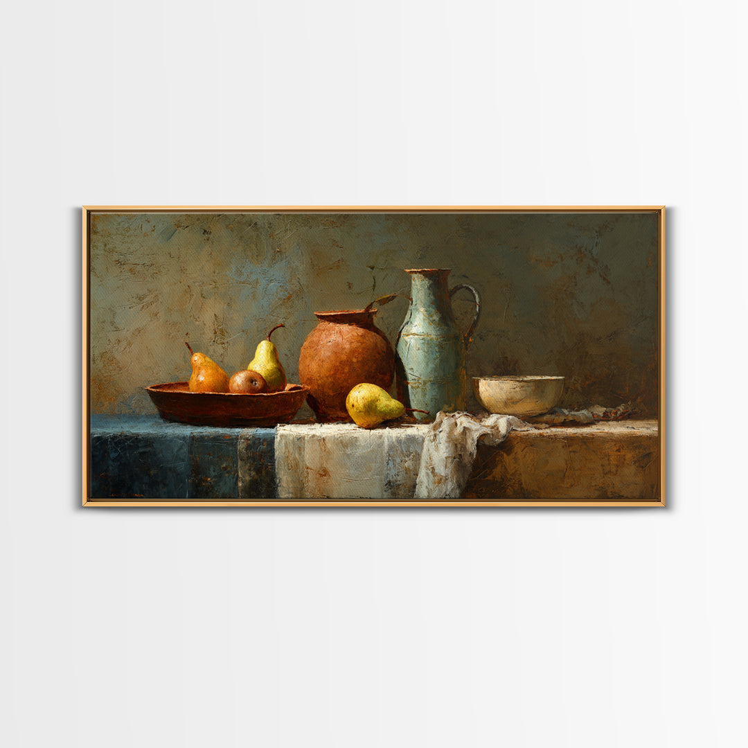 Pear Still Life on Linen Tablecloth Framed Canvas Print, French Country Art, Digital Wall Art, Farmhouse Decor, Abstract Art, FCA-2x1-72