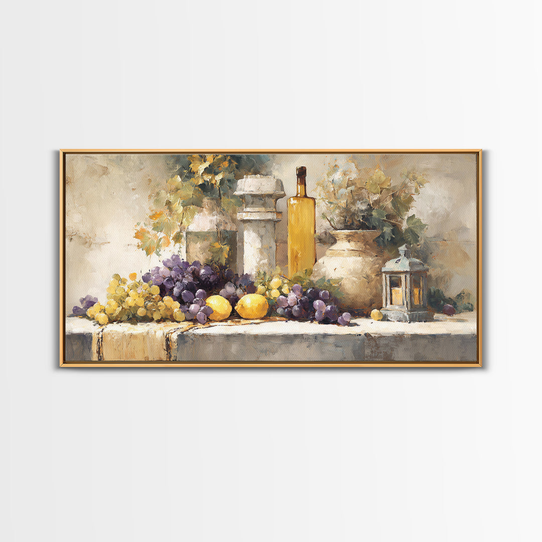 Grapes and Wine Still Life Canvas Print, French Country Art, Farmhouse Decor, Oil Painting, Country, Digital Wall Art, FCA-2x1-77