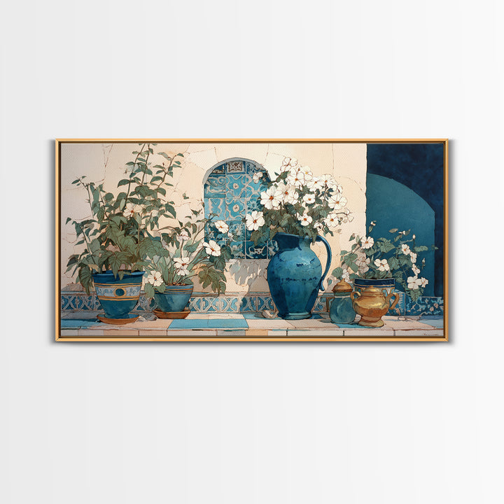 Blue and White Ceramic Pitcher Framed Canvas Print, French Country Art, French Country Decor, Farmhouse Decor, Oil Painting, FCA-2x1-95