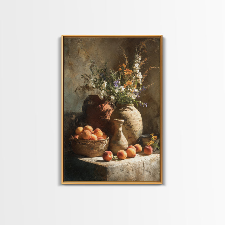 Basket of Fresh Peaches and Wildflowers Canvas Print, French Country Art, Floral Wall Art, Farmhouse Decor, Country, FCA-2x3-100