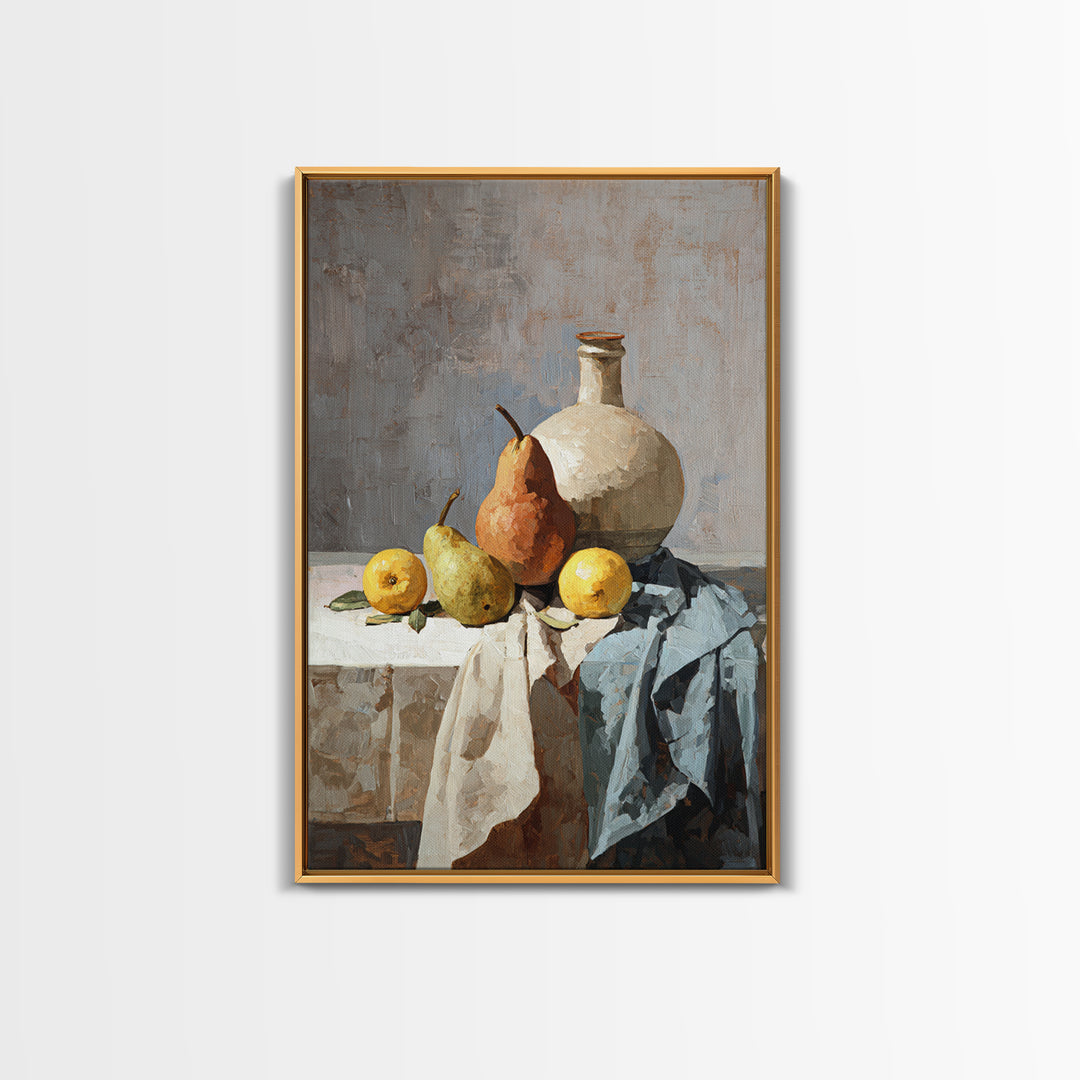 Pear Still Life on Linen Tablecloth Framed Canvas Print, French Country Art, Downloadable Art, Farmhouse Decor, Country, FCA-2x3-12