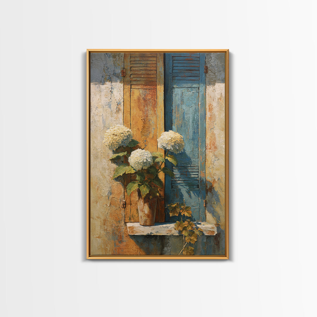 Soft Hydrangeas Beside Antique Shutters Canvas Print, French Country Art, Original Painting, Farmhouse Decor, Fine Art, Country, FCA-2x3-16