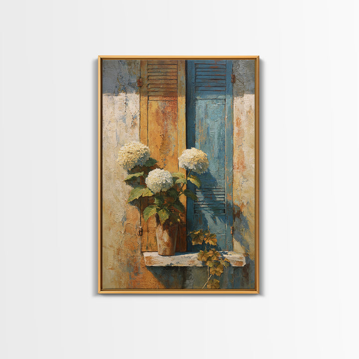Soft Hydrangeas Beside Antique Shutters Canvas Print, French Country Art, Original Painting, Farmhouse Decor, Fine Art, Country, FCA-2x3-16