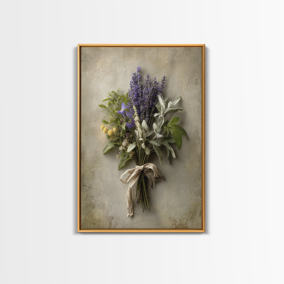 Farmhouse Kitchen Herbs Tied Framed Canvas Print, French Country Art, Above Bed Art, Farmhouse Decor, Oil Painting, Country, FCA-2x3-21