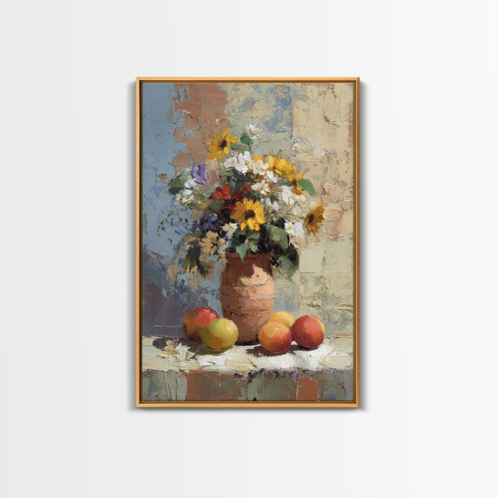 Basket of Fresh Peaches and Wildflowers Canvas Print, French Country Art, Textured Painting, Farmhouse Decor, Country, FCA-2x3-28