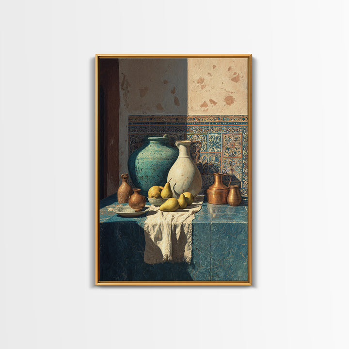 Pear Still Life on Linen Tablecloth Framed Canvas Print, French Country Art, Farmhouse Decor, Abstract Art, Country, FCA-2x3-36