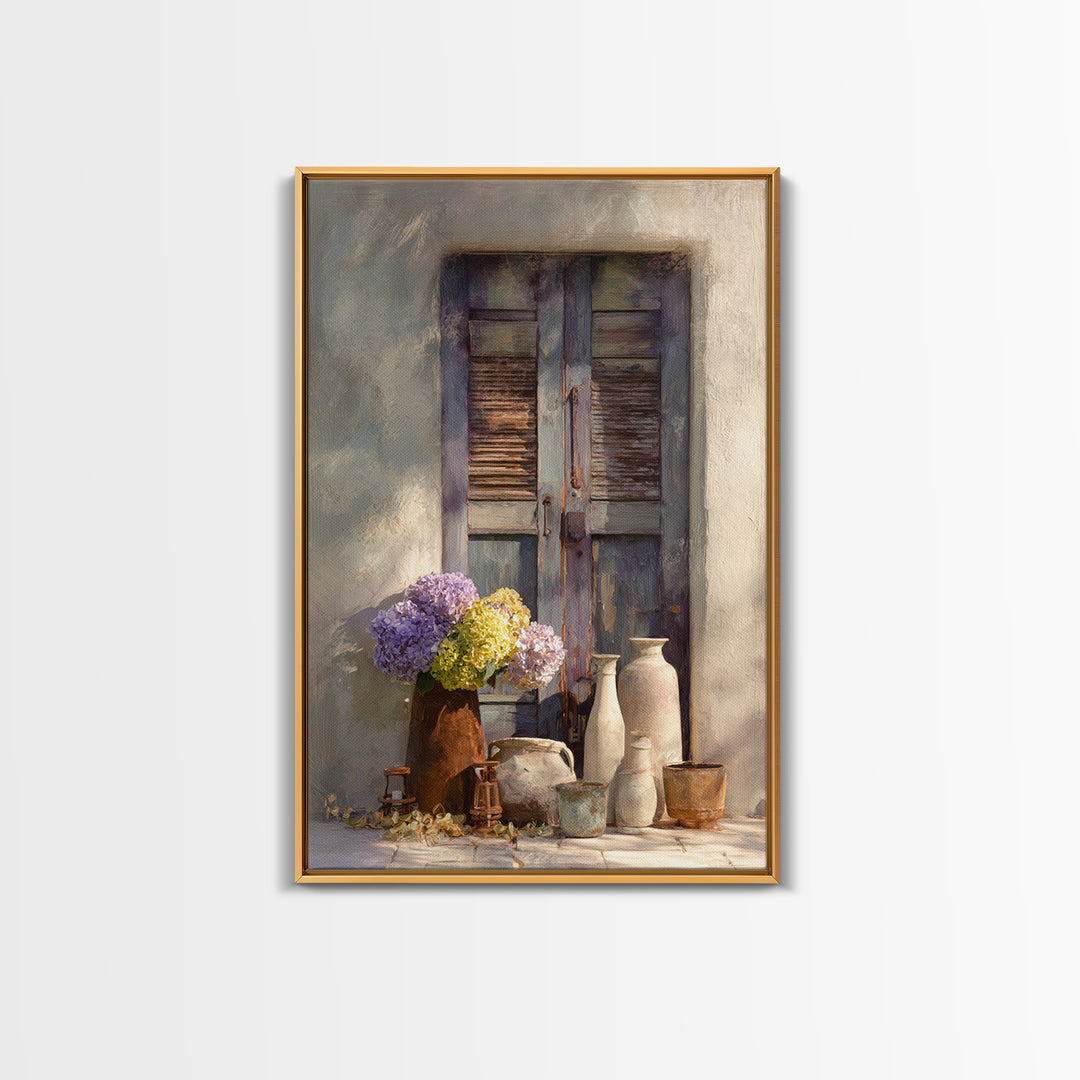Soft Hydrangeas Beside Antique Shutters Canvas Print, French Country Art, Botanical Prints, Farmhouse Decor, Fine Art, Country, FCA-2x3-40