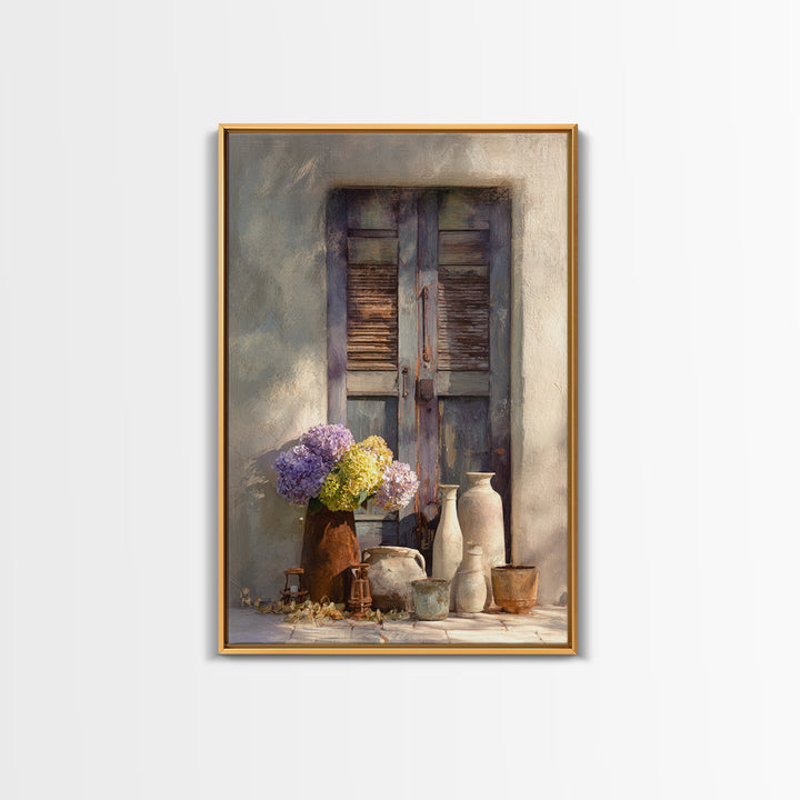 Soft Hydrangeas Beside Antique Shutters Canvas Print, French Country Art, Botanical Prints, Farmhouse Decor, Fine Art, Country, FCA-2x3-40
