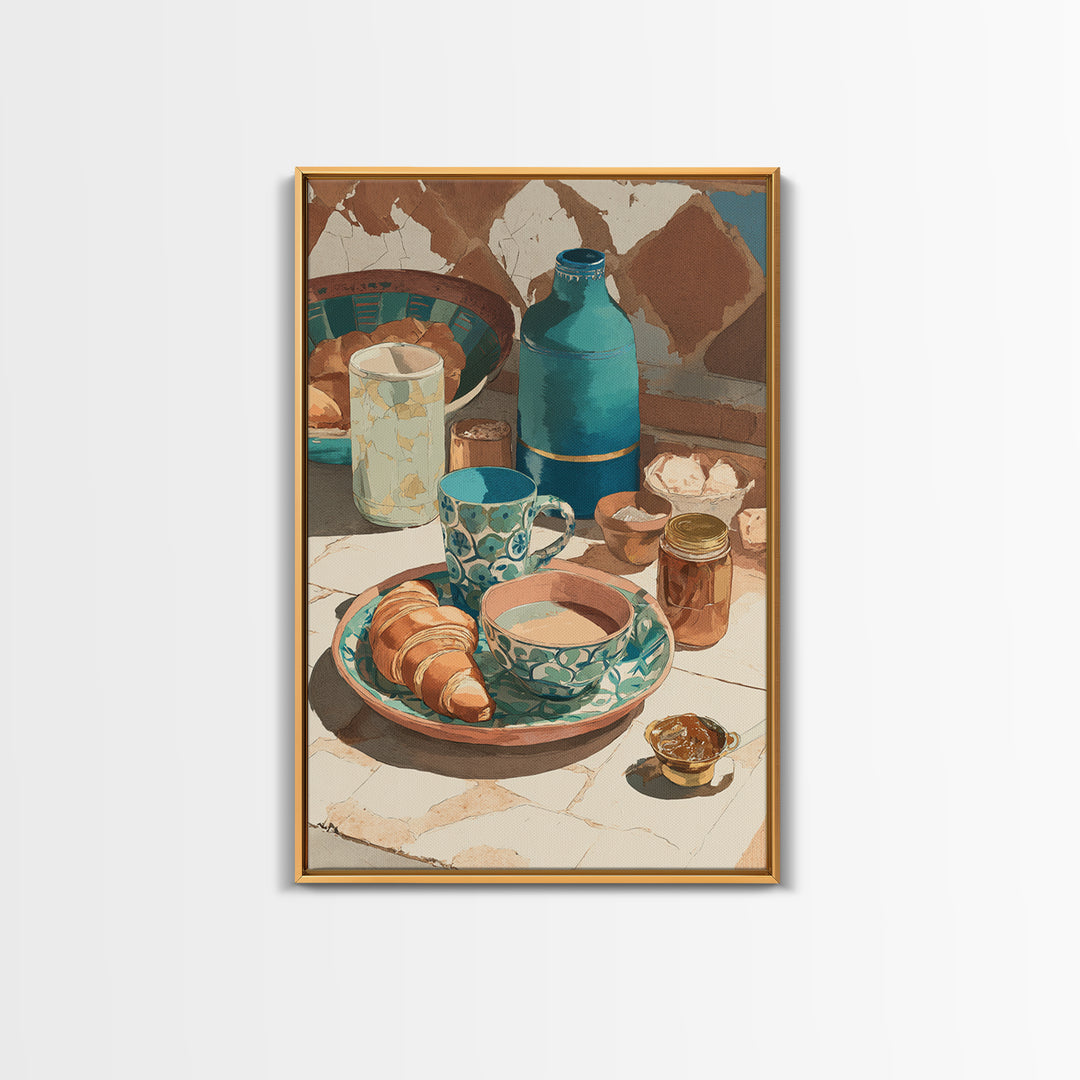 Caf Au Lait Bowl Framed Canvas Print, French Country Art, Above Bed Art, Farmhouse Decor, Watercolor Art, Country, FCA-2x3-42
