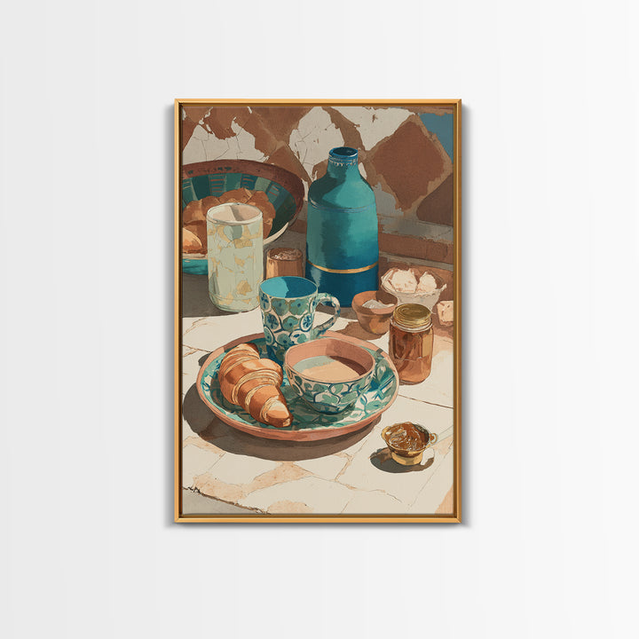Caf Au Lait Bowl Framed Canvas Print, French Country Art, Above Bed Art, Farmhouse Decor, Watercolor Art, Country, FCA-2x3-42