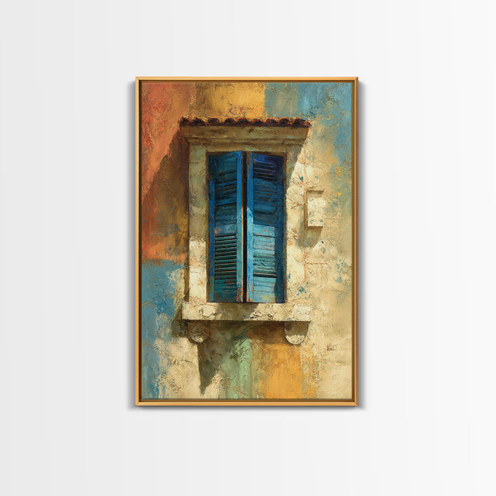 Weathered Window with Blue Shutters Framed Canvas Print, French Country Art, Boho Decor, Farmhouse Decor, Oil Painting, Country, FCA-2x3-53